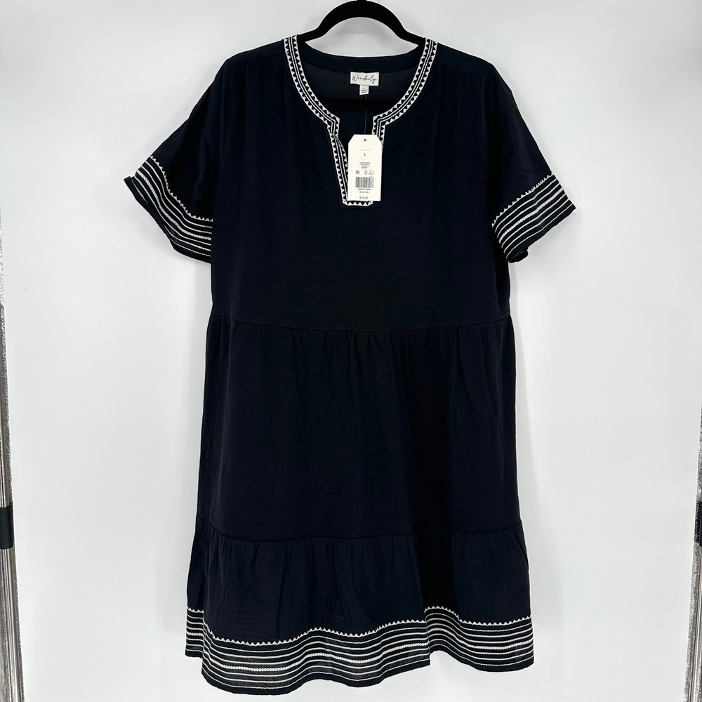 NEW Wonderly Black Embroidered Knit Woven Dress Short Sleeve Split Neck Summer L